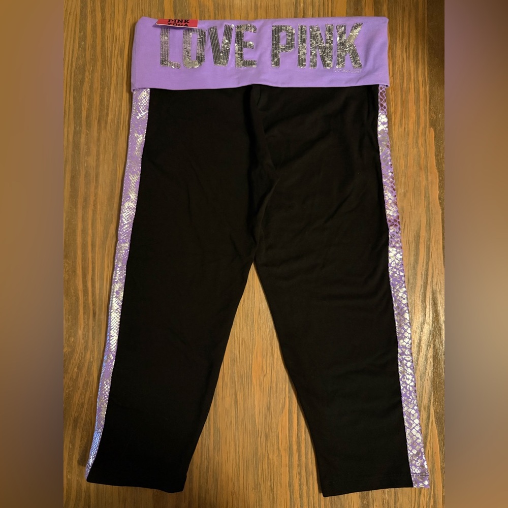 NWT Victoria's Secret PINK Black Lavender Sequin Foldover Yoga Crop Legging S